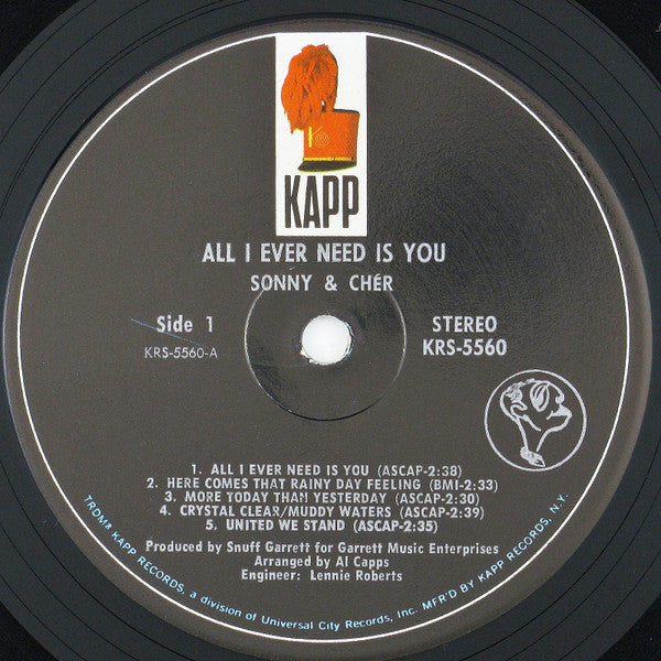Sonny & Cher ‎– All I Ever Need Is You - VG LP Record 1972 Kapp USA Vinyl - Pop Rock / Folk Rock
