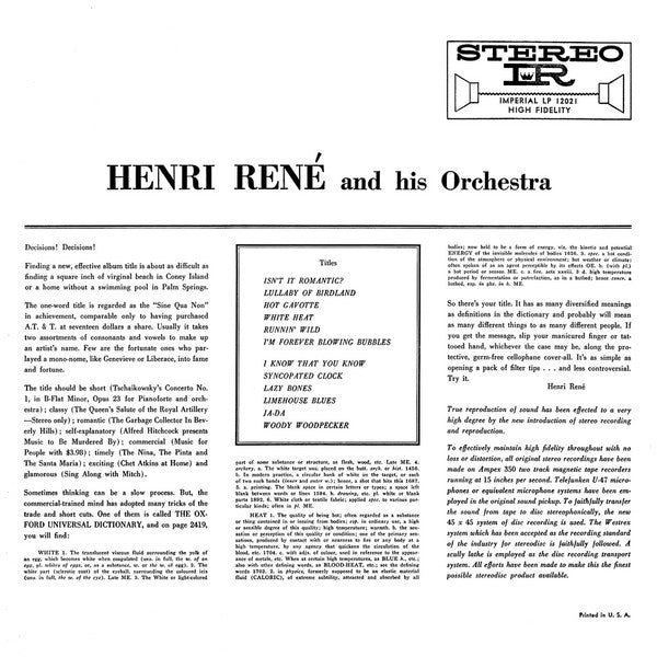 Henri René And His Orchestra – White Heat! - VG+ LP Record 1959 Imperial Stereo USA Vinyl - Jazz / Space-Age - Shuga Records