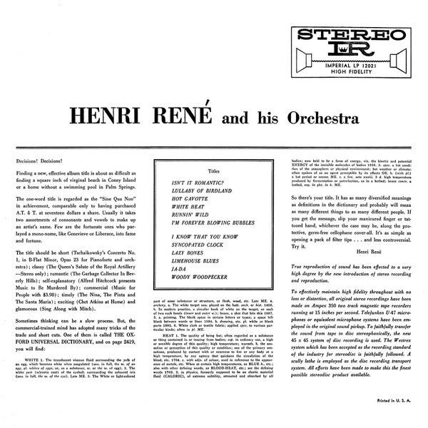 Henri René And His Orchestra – White Heat! - VG+ LP Record 1959 Imperial Stereo USA Vinyl - Jazz / Space-Age