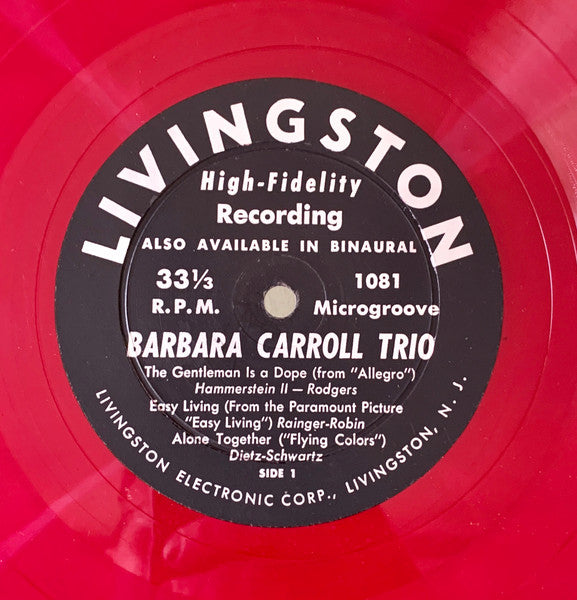 Barbara Carroll Trio - Barbara Carroll Trio - Near Mint- 10" EP Record 1954 Livingston USA Mono Original Red Vinyl - Jazz - Shuga Records