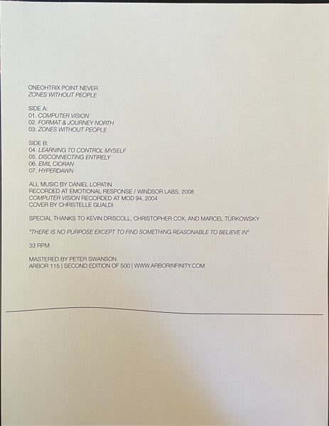 Oneohtrix Point Never - Zones Without People - Mint- LP Record 2009 Arbor Black Vinyl & A4 Insert - Electronic / Drone / Ambient / Abstract - Shuga Records