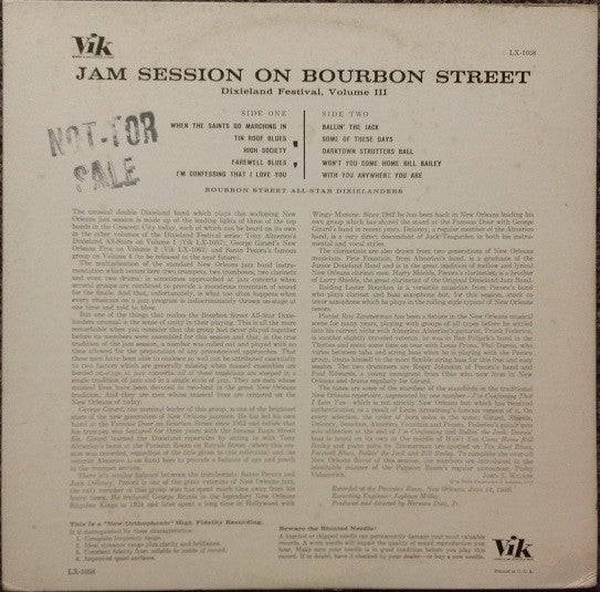 Bourbon Street All-Star Dixielanders - Jam Session On Bourbon Street (Dixieland Festival–Volume 3) - VG+ LP Record 1957 Vik USA Mono Promo Vinyl - Jazz / Dixieland - Shuga Records
