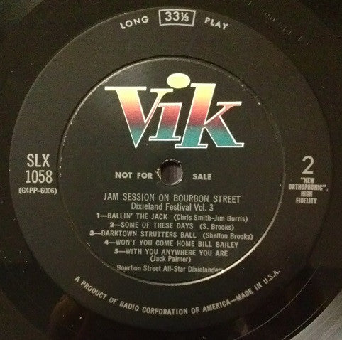 Bourbon Street All-Star Dixielanders - Jam Session On Bourbon Street (Dixieland Festival–Volume 3) - VG+ LP Record 1957 Vik USA Mono Promo Vinyl - Jazz / Dixieland - Shuga Records