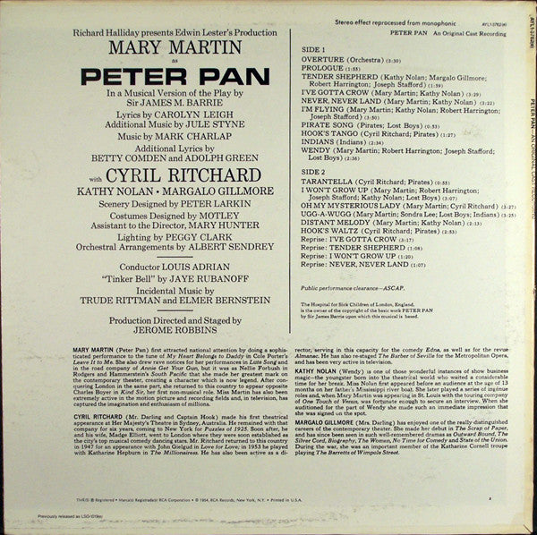 Mary Martin - Peter Pan (An Original Cast Recording 1954) - VG+ LP Record 1980 RCA USA Vinyl - Musical - Shuga Records