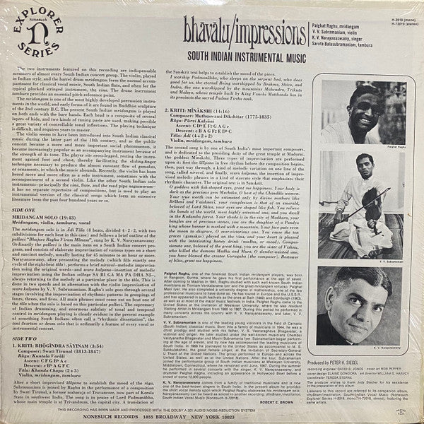 Palghat Raghu, V. V. Subramaniam, K. V. Narayanaswamy - Bhāvālu/Impressions - South Indian Instrumental Music - VG+ LP Record 1971 Nonesuch USA Vinyl - Indian Classical / World Music - Shuga Records