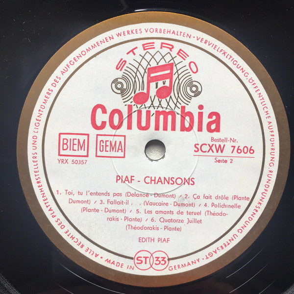 Edith Piaf - Chansons - Mint- LP Record 1963 Columbia Germany Stereo ED1 Original Vinyl - Pop / Chanson - Shuga Records