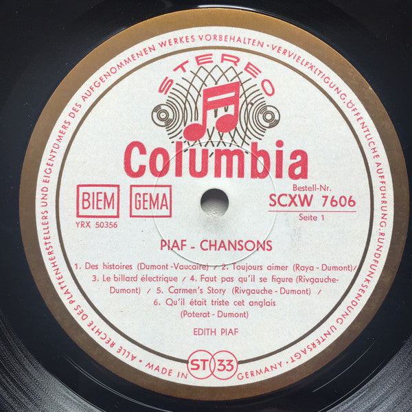 Edith Piaf - Chansons - Mint- LP Record 1963 Columbia Germany Stereo ED1 Original Vinyl - Pop / Chanson - Shuga Records