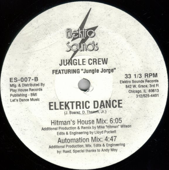 Jungle Crew Featuring Jungle Jorge - Elektric Dance VG 12" Single Record 1989 Elektro Sounds USA Promo Original RARE Vinyl - Chicago House / Acid House / Electro - Shuga Records