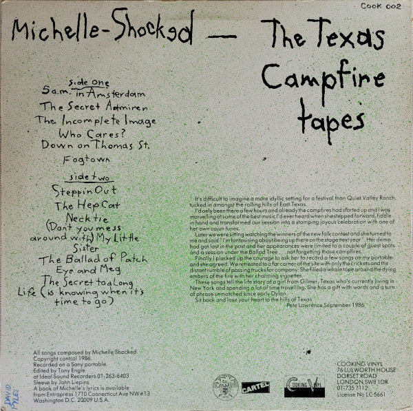 Michelle-Shocked - The Texas Campfire Tapes - Mint- (VG+ cover) LP Record 1986 Cooking Vinyl UK Original Vinyl - Rock / Folk Rock / Texas Blues / Acoustic - Shuga Records