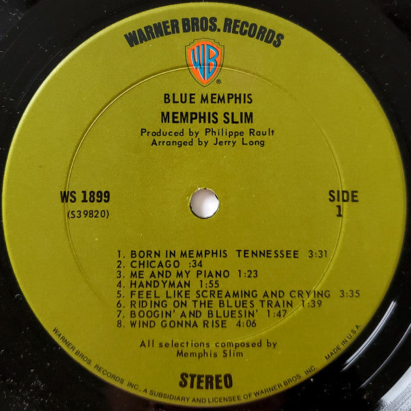 Memphis Slim - Blue Memphis - VG+ LP Record 1971 Warner USA Original Vinyl & Insert - Blues / Electric Blues - Shuga Records