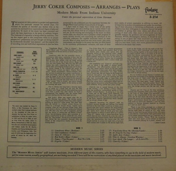 Jerry Coker - Modern Music From Indiana University - VG+ (VG cover) LP Record 1956 Fantasy Mono USA Original Red Vinyl - Jazz / Bop - Shuga Records