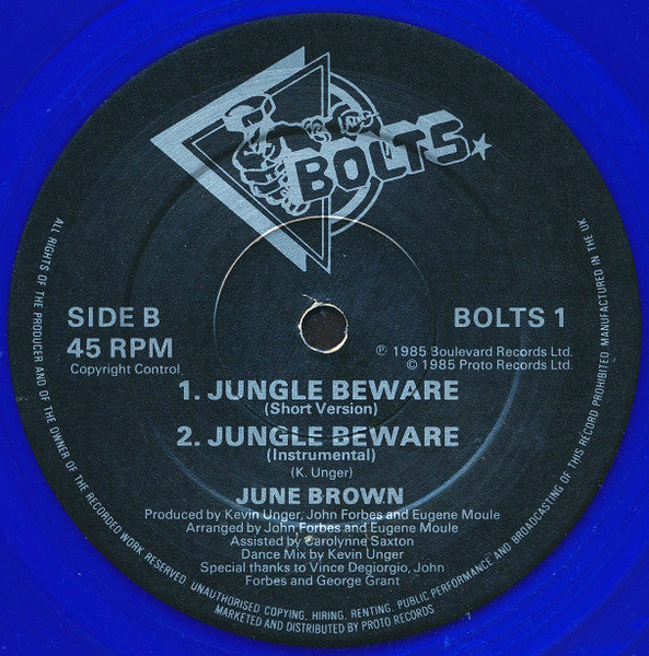 June Brown - Jungle Beware - Mint- 12" Single Record 1985 Bolts UK Blue Vinyl - Synth-pop / Disco - Shuga Records