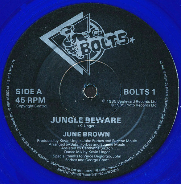 June Brown - Jungle Beware - Mint- 12" Single Record 1985 Bolts UK Blue Vinyl - Synth-pop / Disco - Shuga Records