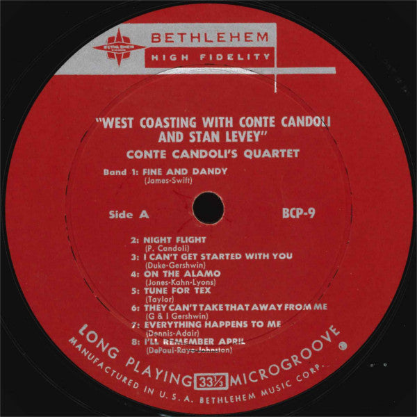 Conte Candoli's Quartet / Stan Levey's Sextet - West Coasting With - VG+ LP Record 1957 Bethlehem USA Mono Original Vinyl - Jazz / Cool Jazz / Bop - Shuga Records