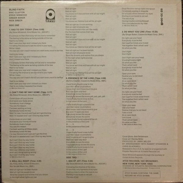 Blind Faith - Blind Faith - VG+ LP Record 1969 ATCO USA Original Vinyl - Psychedelic Rock / Blues Rock - Shuga Records