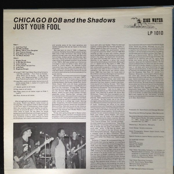 Chicago Bob & The Shadows - Just Your Fool - VG+ LP Record 1978 High Water USA Vinyl - Chicago Blues / Harmonica Blues