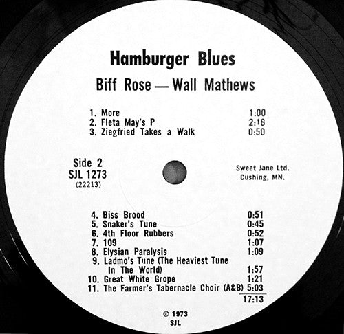 Biff Rose & Wall Matthews - Hamburger Blues - Mint- LP Record 1974 Sweet Jane LTD USA Private Press Minnesota Vinyl & Insert - Avant-garde Jazz / Free Improvisation