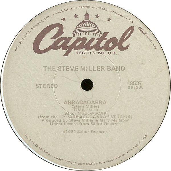 The Steve Miller Band - Abracadabra / Macho City - VG+ 12" Single Record 1982 Capitol USA Vinyl - Pop Rock / Disco - Shuga Records
