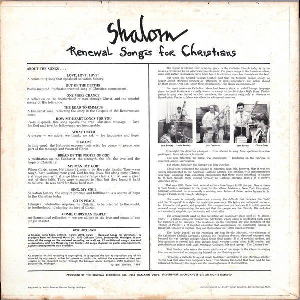 Tom Shelley - Shalom - VG+ LP Record 1969 Renewal USA Private Press Michigan USA Vinyl - Folk - Shuga Records