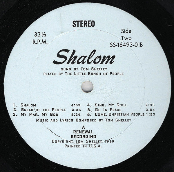 Tom Shelley - Shalom - VG+ LP Record 1969 Renewal USA Private Press Michigan USA Vinyl - Folk - Shuga Records