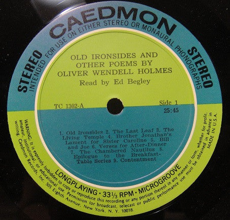 Ed Begley - Old Ironsides And Other Poems By Oliver Wendell Holmes - Mint- LP Record 1974 Caedmon USA Vinyl - Poetry / Spoken Word