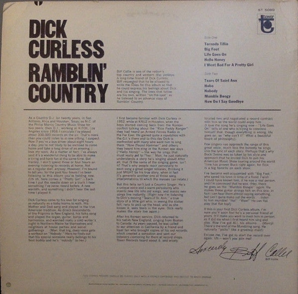 Dick Curless - Ramblin' Country - VG LP Record 1967 Tower USA Vinyl - Country / Bakersfield Sound - Shuga Records