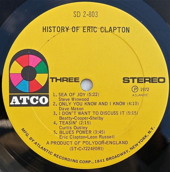 Eric Clapton - The History Of Eric Clapton - Mint- 2 LP Record 1972 ATCO USA Vinyl - Classic Rock / Blues Rock - Shuga Records