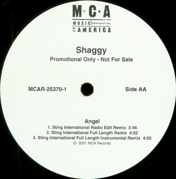 Shaggy - Angel - VG+ 12" Single Record 2001 MCA Promo Vinyl - Reggae-Pop / Reggae - Shuga Records