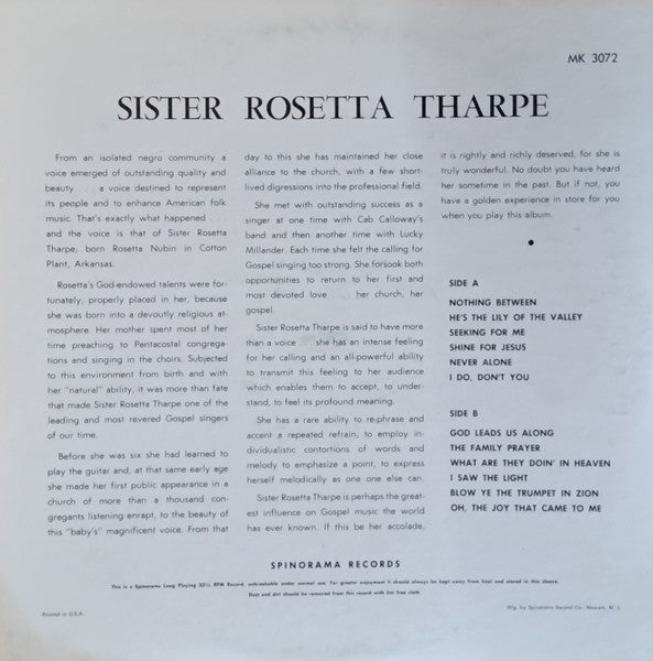 Sister Rosetta Tharpe - Spirituals In Rhythm - VG (VG- cover) LP Record 1961 Spin-O-Rama USA Mono Vinyl - Gospel / Soul / Blues - Shuga Records