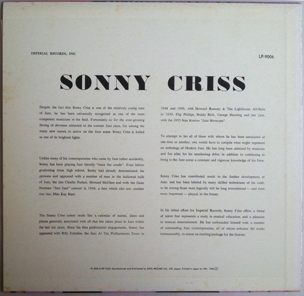 Sonny Criss - Jazz - U.S.A. (1956) - Mint- LP Record 1983 Imperial Japan Vinyl - Jazz / Cool Jazz - Shuga Records