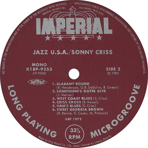 Sonny Criss - Jazz - U.S.A. (1956) - Mint- LP Record 1983 Imperial Japan Vinyl - Jazz / Cool Jazz - Shuga Records