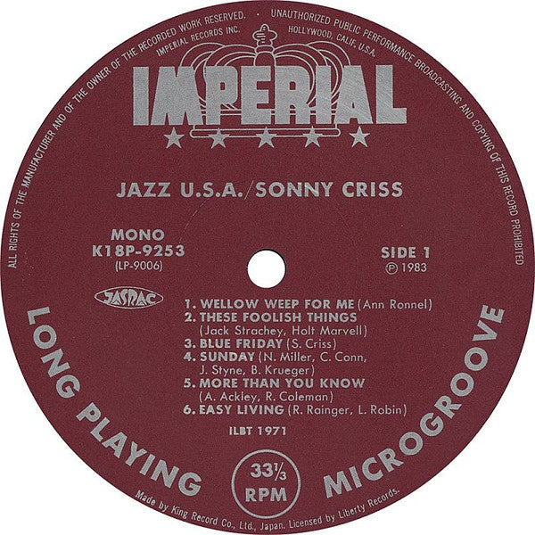 Sonny Criss - Jazz - U.S.A. (1956) - Mint- LP Record 1983 Imperial Japan Vinyl - Jazz / Cool Jazz - Shuga Records