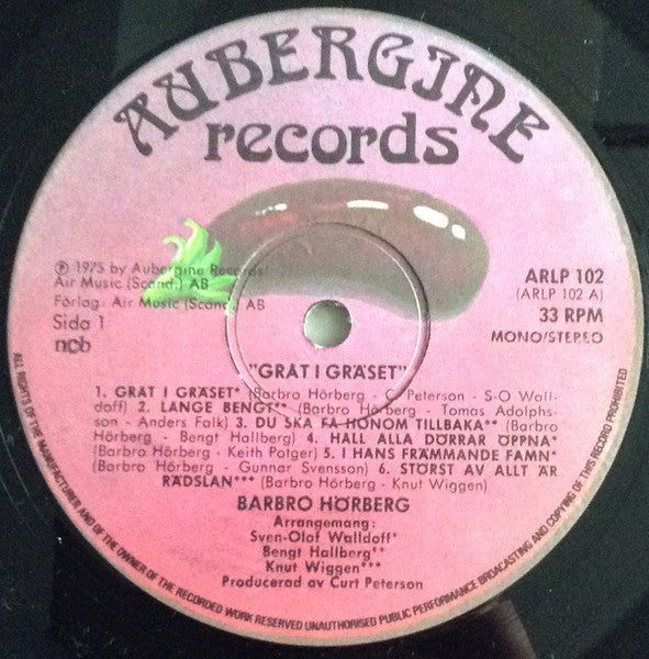 Barbro Hörberg - Gråt I Gräset - Mint- LP Record 1975 Aubergine Sweden Vinyl - Folk Rock / Soft Rock - Shuga Records