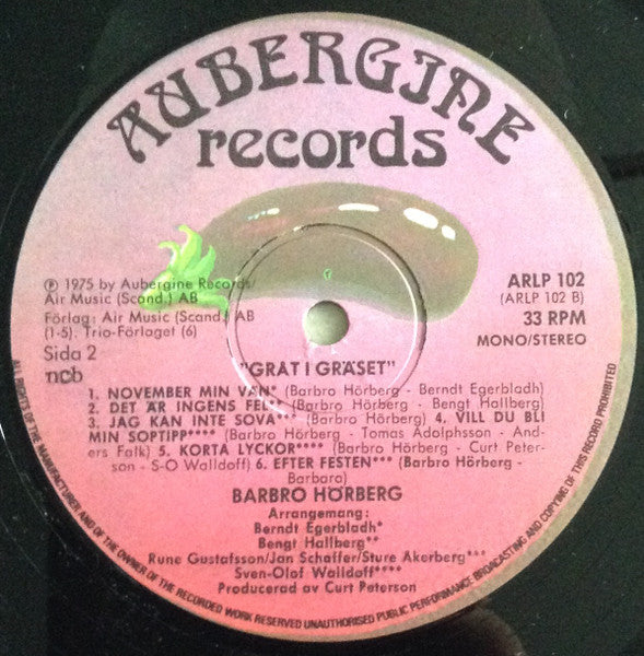 Barbro Hörberg - Gråt I Gräset - Mint- LP Record 1975 Aubergine Sweden Vinyl - Folk Rock / Soft Rock - Shuga Records