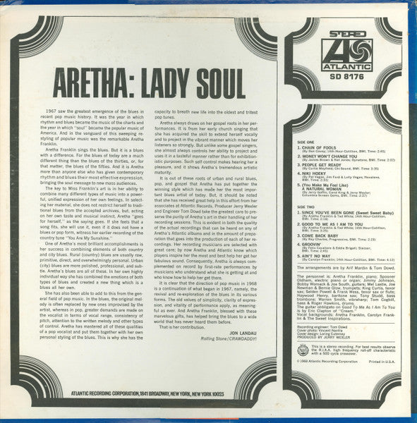 Aretha Franklin - Lady Soul - VG+ LP Record 1968 Atlantic Stereo USA Original Vinyl & Hype Sticker - Soul / R&B - Shuga Records