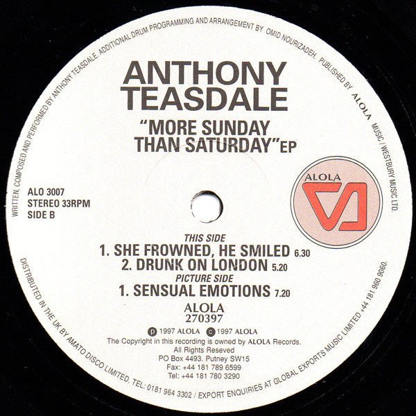 Anthony Teasdale – More Sunday Than Saturday EP - VG+ 12" Single Record 1997 Alola UK Vinyl - House / Deep House
