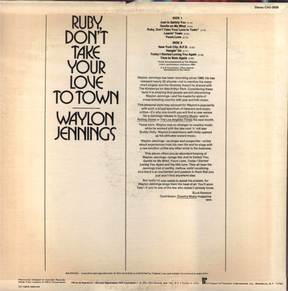 Waylon Jennings - Ruby, Don't Take Your Love To Town - VG+ LP Record 1973 Pickwick Camden USA Vinyl - Country - Shuga Records