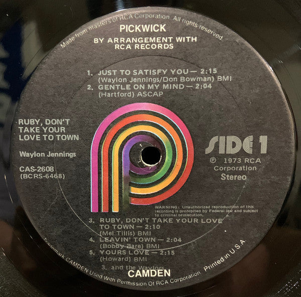 Waylon Jennings - Ruby, Don't Take Your Love To Town - VG+ LP Record 1973 Pickwick Camden USA Vinyl - Country - Shuga Records
