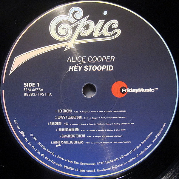 Alice Cooper - Hey Stoopid (1991) - Mint- LP Record 2014 Epic Friday Music 1810 gram Vinyl - Hard Rock / Heavy Metal - Shuga Records