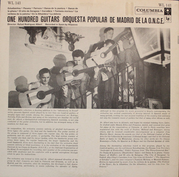 Rafael Rodriguez Albert & Orquesta Popular De Madrid De La O.N.C.E. - One Hundred Guitars - VG+ LP Record 1959 Columbia USA Adventures In Sound Vinyl - Latin / Folk / World Music - Shuga Records