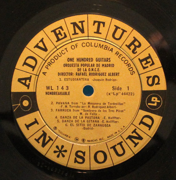 Rafael Rodriguez Albert & Orquesta Popular De Madrid De La O.N.C.E. - One Hundred Guitars - VG+ LP Record 1959 Columbia USA Adventures In Sound Vinyl - Latin / Folk / World Music - Shuga Records
