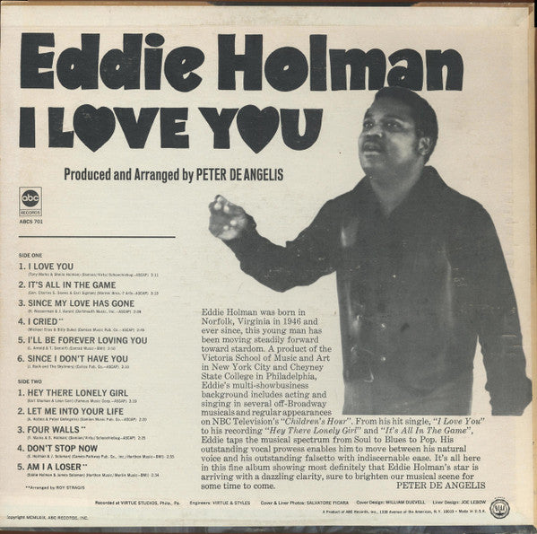 Eddie Holman - I Love You - VG+ LP Record 1969 ABC Stereo Original Press Vinyl - Soul / Pop / R&B - Shuga Records