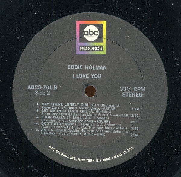 Eddie Holman - I Love You - VG+ LP Record 1969 ABC Stereo Original Press Vinyl - Soul / Pop / R&B - Shuga Records