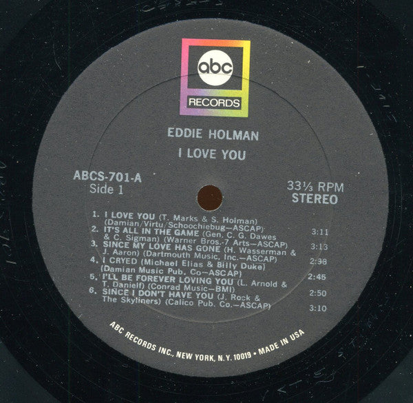 Eddie Holman - I Love You - VG+ LP Record 1969 ABC Stereo Original Press Vinyl - Soul / Pop / R&B - Shuga Records