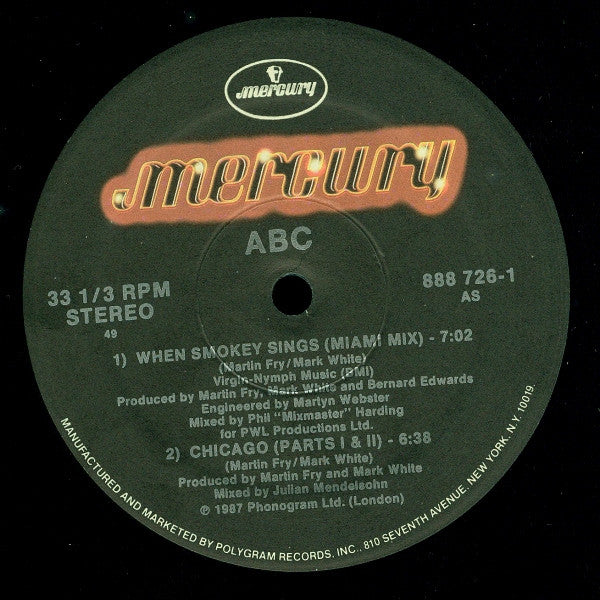 ABC - When Smokey Sings - Mint- 12" Single Record 1987 Mercury USA Vinyl - Synth-pop / Euro House