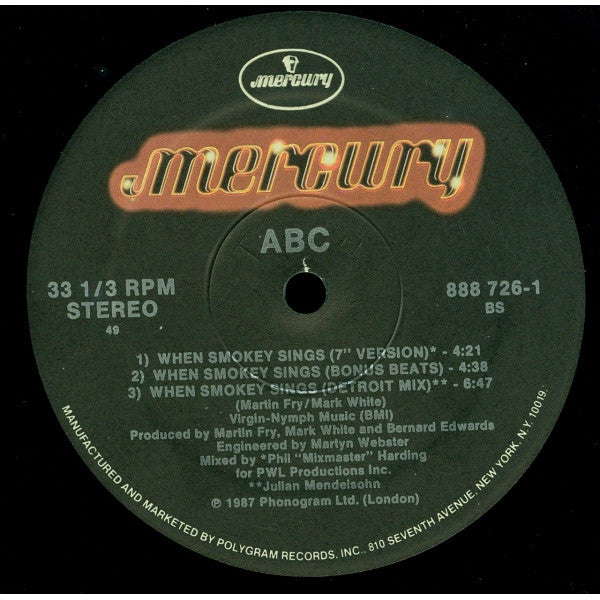 ABC - When Smokey Sings - Mint- 12" Single Record 1987 Mercury USA Vinyl - Synth-pop / Euro House