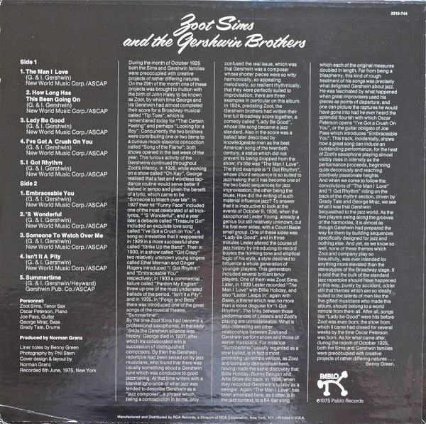 Zoot Sims - Zoot Sims And The Gershwin Brothers - Mint- LP Record 1975 Pablo USA Vinyl - Jazz / Swing / Bop - Shuga Records