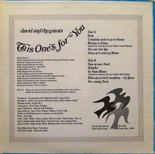David And The Giants ‎– This One's For You - VG+ LP Record 1978 Song Of Songs USA Private Press Original Vinyl - Soft Rock / Xian - Shuga Records