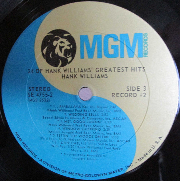 Hank Williams Jr - 24 Of Hank Williams' Greatest Hits - VG+ 2 LP Record 1971 MGM USA Vinyl - Country - Shuga Records