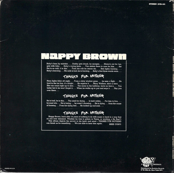 Nappy Brown - Thanks For Nothing - VG+ LP Record (VG cover) 1969 Elephant V Ltd USA Original Vinyl - Electric Blues / Soul - Shuga Records